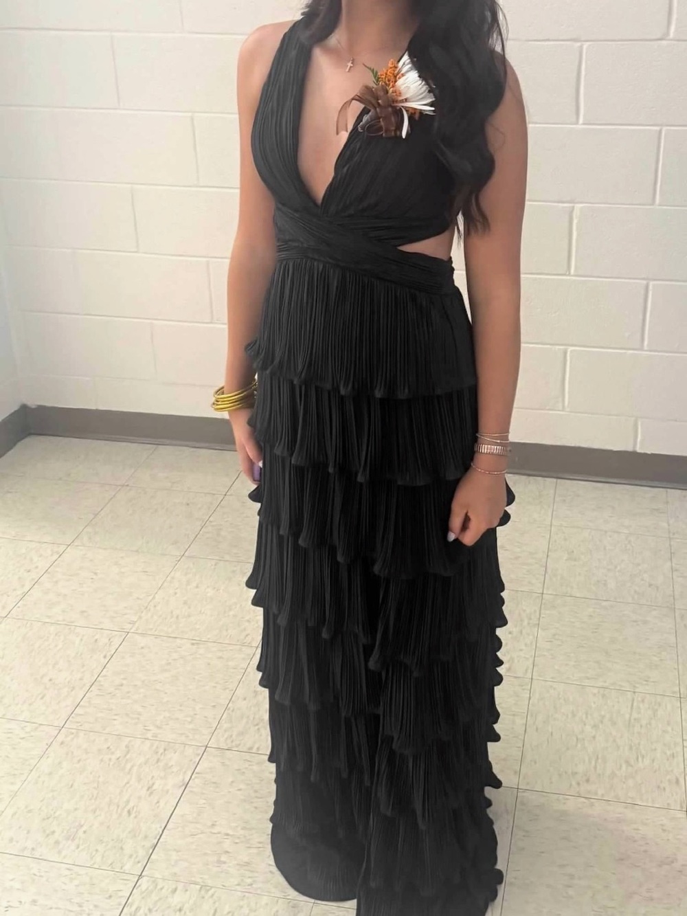 Lulu's Black Tiered Pleated V-Neck Prom Dress